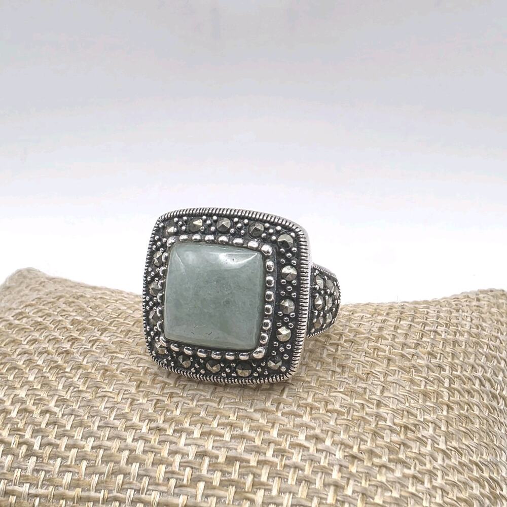 Vtg Jadeite Gemstone Square with Marcasites Sterling Silver 925 Ring Size 6